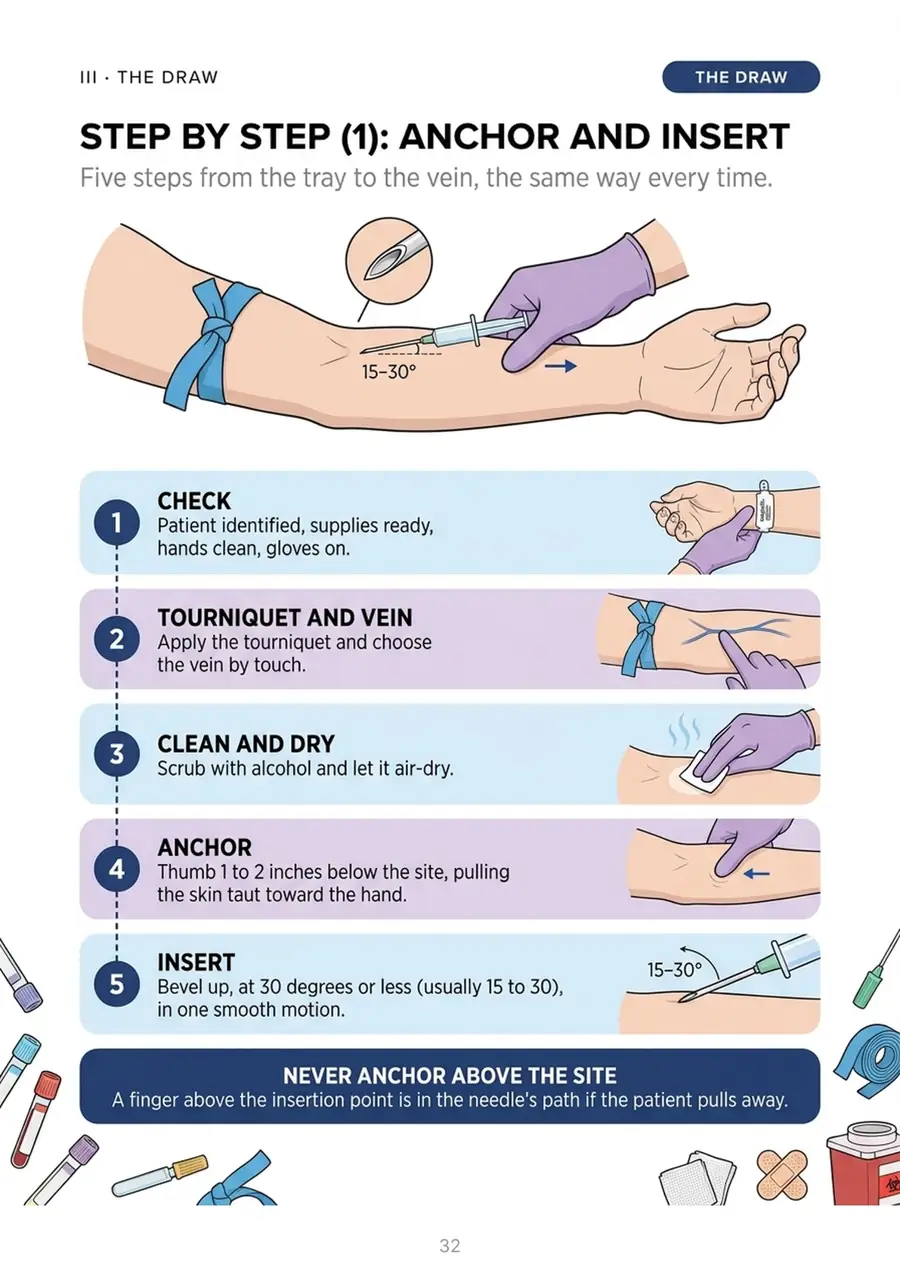 Venipuncture step by step: anchor and insert